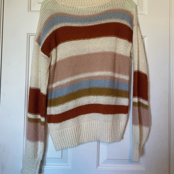 4 COLOR STRIPED PASTEL NATURAL EARTH TONE CROCHET SWEATER MEDIUM - Picture 2 of 3